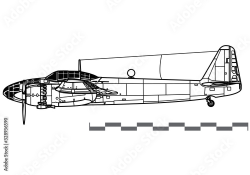 Yokosuka P1Y Ginga Frances. World War 2 combat aircraft. Side view. Image for illustration.