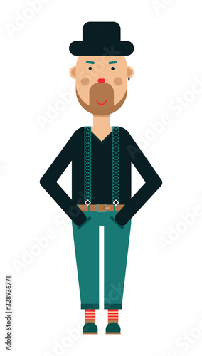 Hipster in pants, sweater and black hat standing with smiling face and looking at camera, vector illustration