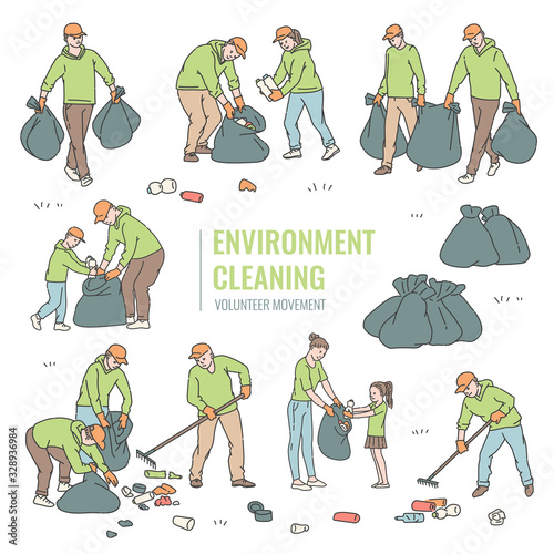 Set volunteers sorting waste in bags. Adults and children clean environment from trash. Vector illustration of solving environmental problems.