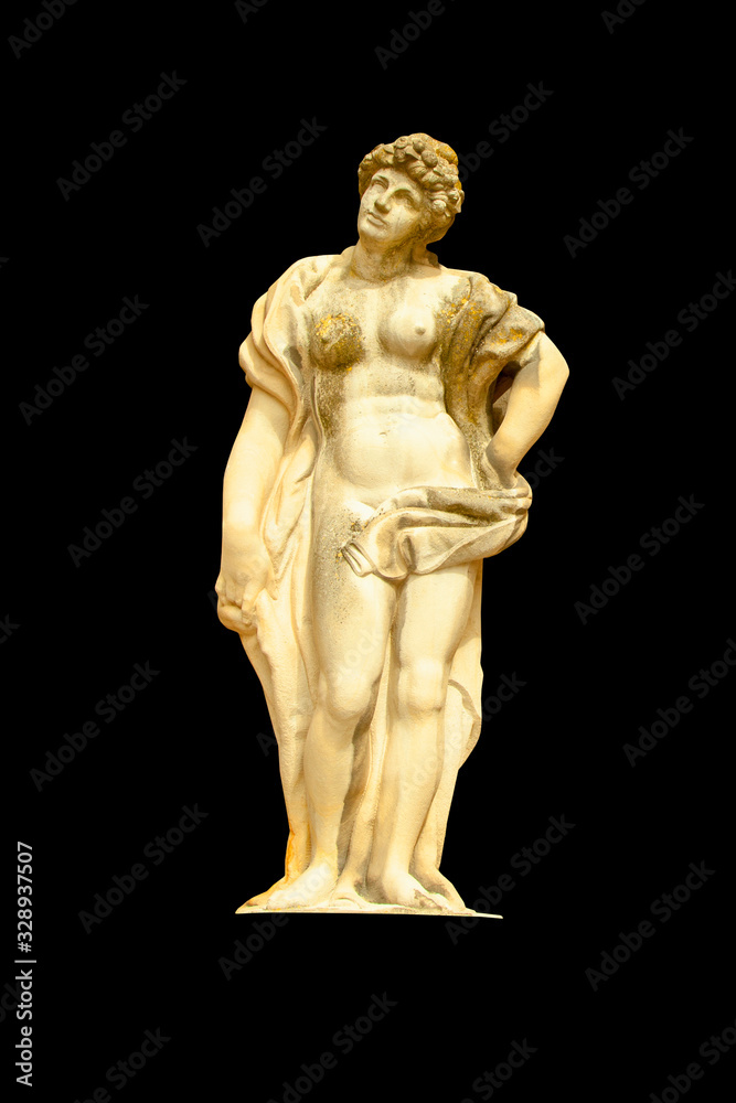 Goddess of love in antique mythology Aphrodite (Venus). Ancient statue isolated on black background. Vertical image.