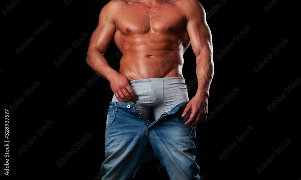 Muscular gay in underwear on black bacground. Muscular man undress. Sexy  mans body. Stock Photo | Adobe Stock
