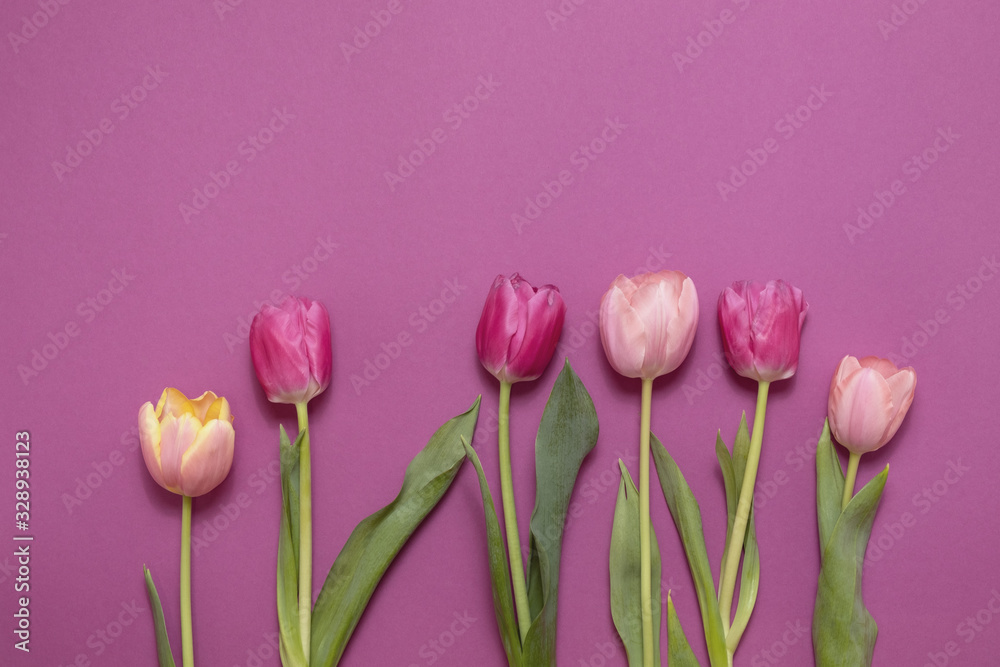 Fototapeta premium Greeting card with colorful spring tulips flower. Holiday bouquet. Concept of Mother's Day, Birthday or Valentine's Day celebrations. Top View, Flat lay