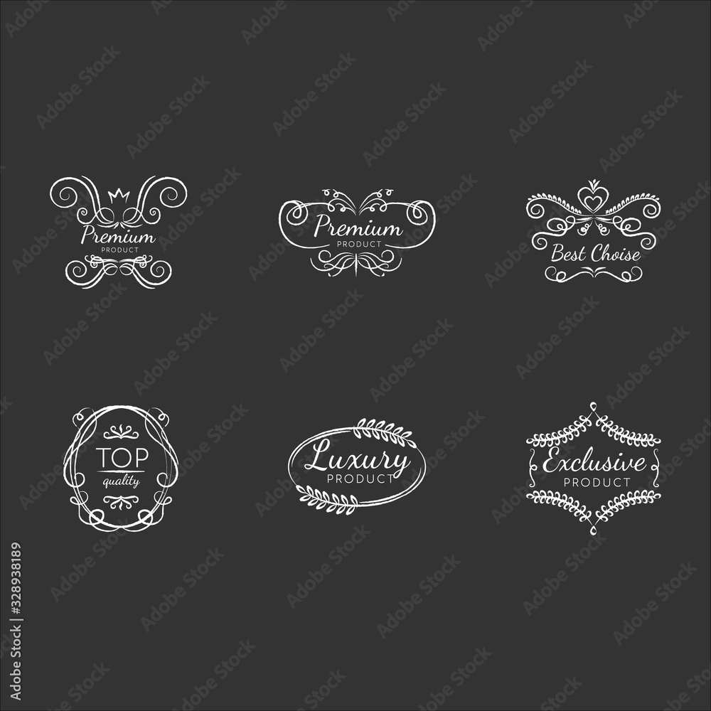 Premium quality chalk white icons set on black background. Luxury products, service guarantee. Brand equity assurance. Best choice, exclusive goods badges isolated vector chalkboard illustrations