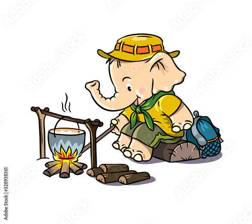 Little baby elephant near a campfire. Scout camp