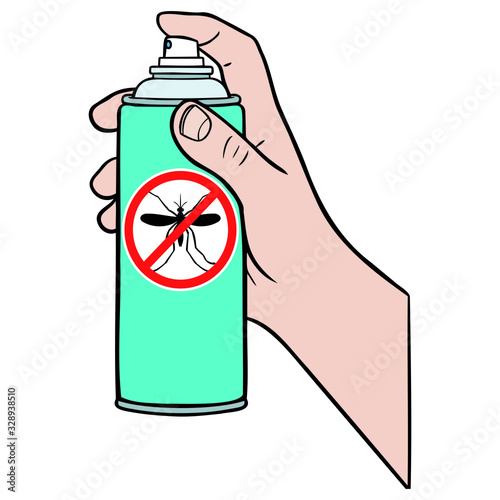 hand with aerosol from the side. anti mosquito spray, illustration, vector.
