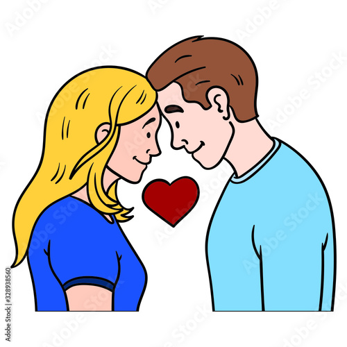 young loving couple looking deep into each other's eyes. heart symbol, cartoon, isolated.