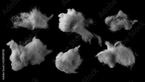 Set wadding, absorbent cotton wool isolated on black background and texture, clipping path