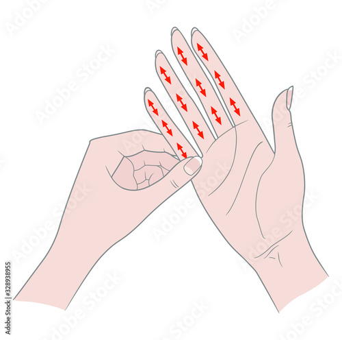 Exercises for the hands against inflammation of the joints and arthritis. Two female hands connected by fingers. Vector illustration