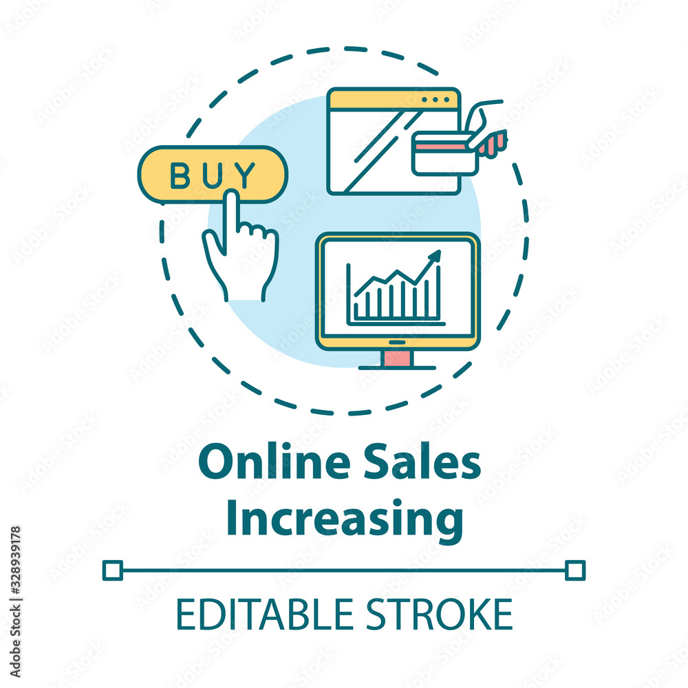 Online sales increasing concept icon. Internet marketing, modern advertising. Profit growth, e commerce idea thin line illustration. Vector isolated outline RGB color drawing. Editable stroke Online sales increasing concept icon. Internet marketing, modern advertising. Profit growth, e commerce idea thin line illustration. Vector isolated outline RGB color drawing. Editable stroke