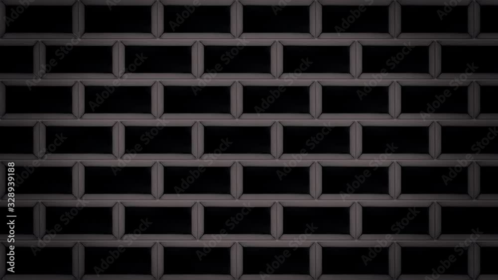 Abstract black bricks appearing and forming a wall on grey background. Animation. Flying same size rectangles stand in horizontal parallel rows, monochrome.