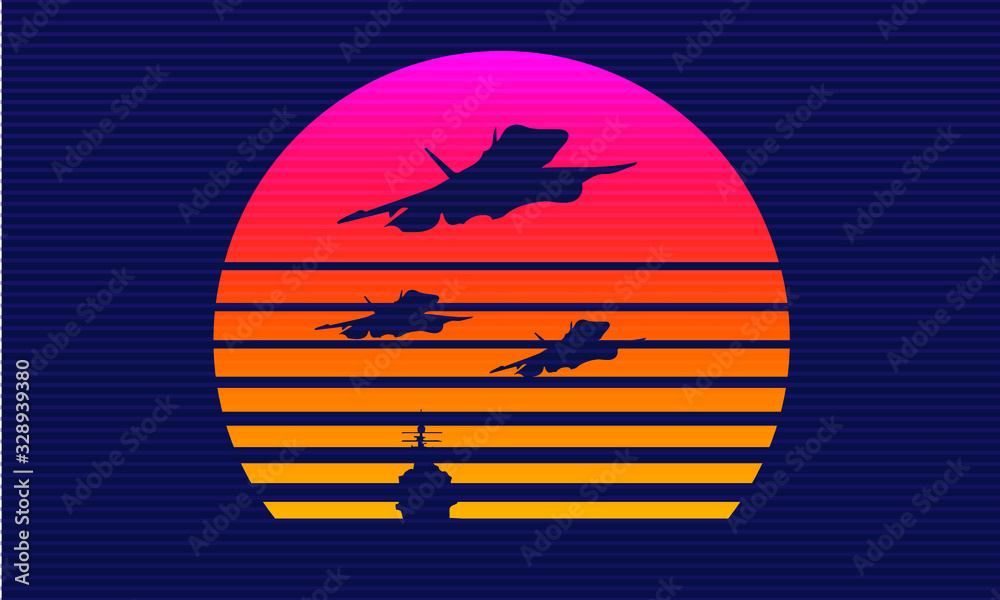Aircraft Synthwave Sunset Vector Silhouettes