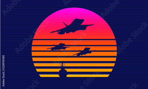 Obraz na plátně Aircraft Synthwave Sunset Vector Silhouettes
