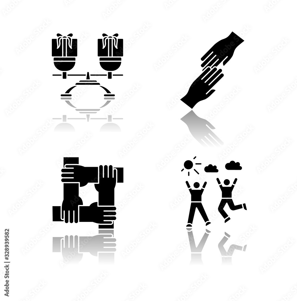 Friends togetherness drop shadow black glyph icons set. Friendship, unity and communication symbols. Mutual benefit, helping hands, loyalty and enjoyment. Isolated vector illustrations on white space