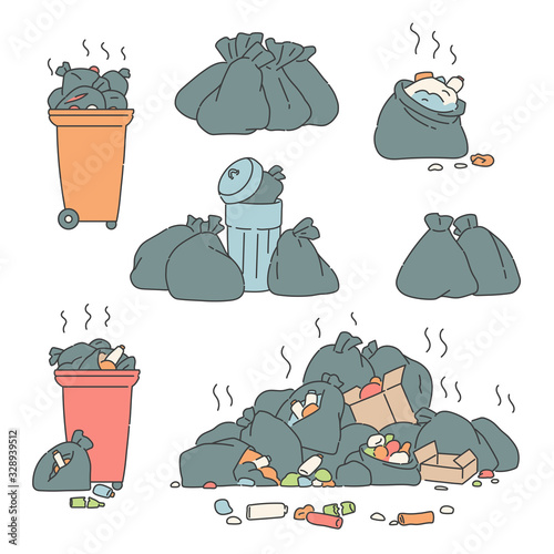 Set garbage bags and waste bins. Vector contour illustration problem ecology and environmental pollution.