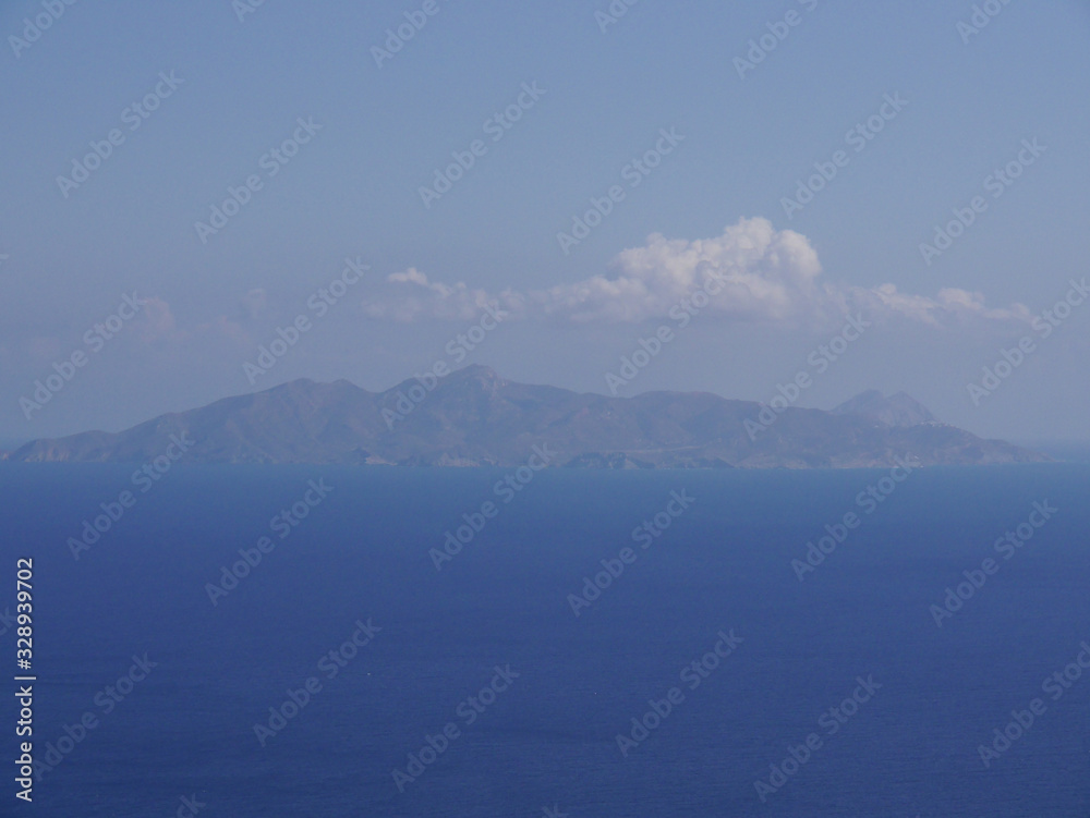 Panoramic view of the Aegean Sea and islands from the top of the mountain Mesa Vouno, on the island of Santorini, Greece.