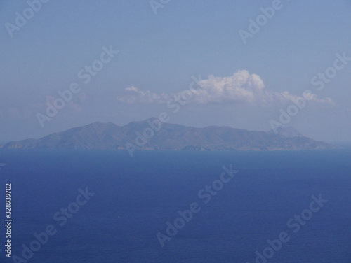 Panoramic view of the Aegean Sea and islands from the top of the mountain Mesa Vouno  on the island of Santorini  Greece.
