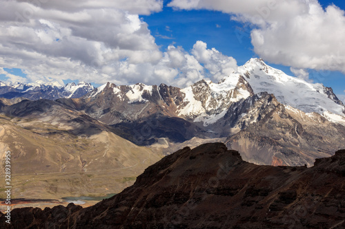 Cordillera real with huyana potosi as seen from chacaltaya mountain near La paz in Bolivia