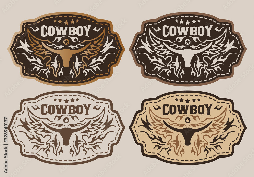 Western Style Cowboy Bull Belt Buckle vector set design. Stock Vector