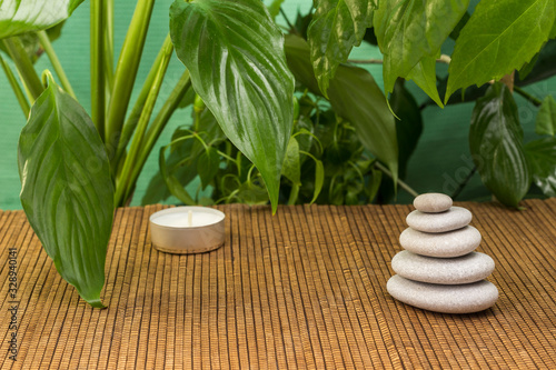 Spa Relax concept. Stone balance pyramid and green leaves.