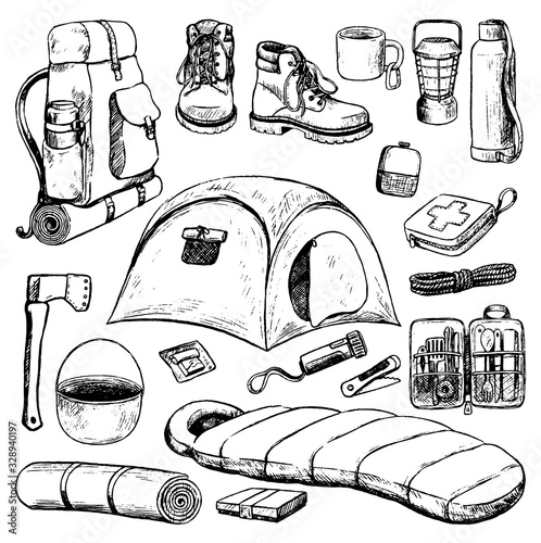 Hand drawn vector illustration. Set of travel attributes and tourism accessories. Camping, hiking theme collection in sketch style. Monochrome realistic outline elements isolated on white for design.