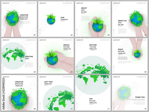 Brochure layout of square format covers design templates for square flyer leaflet, brochure design, report, magazine cover. Green world globe in the hands of man. Earth planet health care concept.