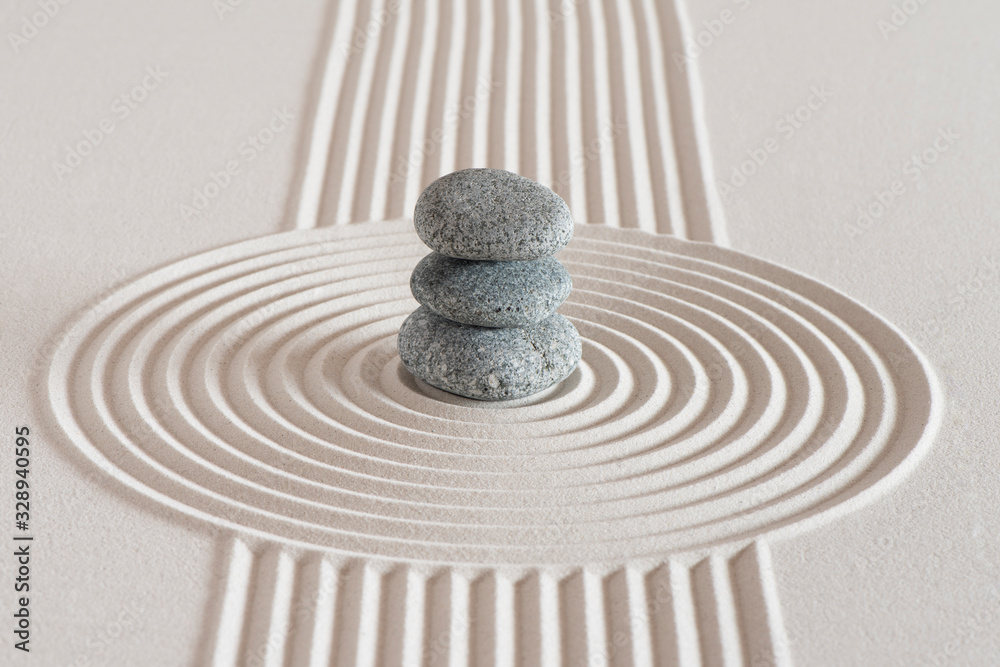 Japanese zen garden with stone in textured white sand - obrazy, fototapety, plakaty 