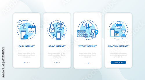 Internet services range onboarding mobile app page screen with concepts. Daily, weekly and monthly tariffs walkthrough 4 steps graphic instructions. UI vector template with RGB color illustrations
