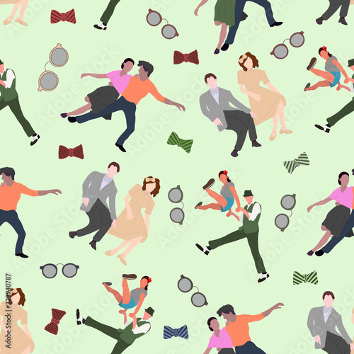 Seamless pattern with dancing couples silhouettes on color background. People in 1940s or 1950s style. Men and women on swing, jazz, lindy hop or boogie woogie party. Vector illustration.