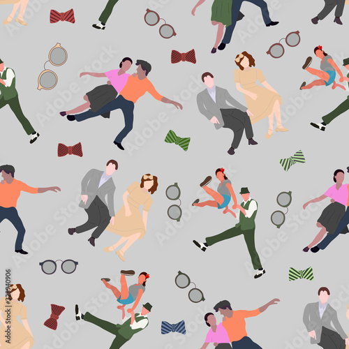 Seamless pattern with dancing couples silhouettes on color background. People in 1940s or 1950s style. Men and women on swing, jazz, lindy hop or boogie woogie party. Vector illustration.