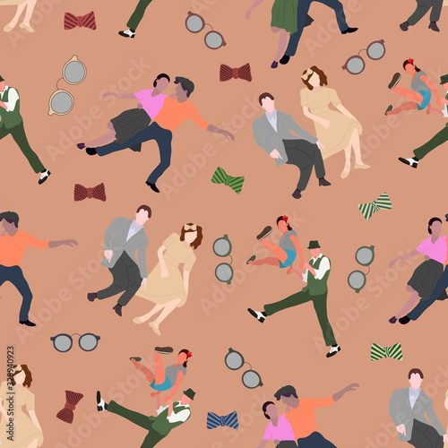 Seamless pattern with dancing couples silhouettes on color background. People in 1940s or 1950s style. Men and women on swing, jazz, lindy hop or boogie woogie party. Vector illustration.