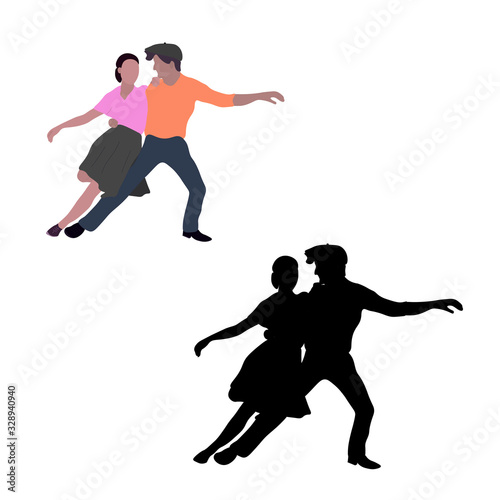 Dancing couples silhouettes on white background. People in 1940s or 1950s style. Men and women on swing, jazz, lindy hop or boogie woogie party. Vector illustration isolated .