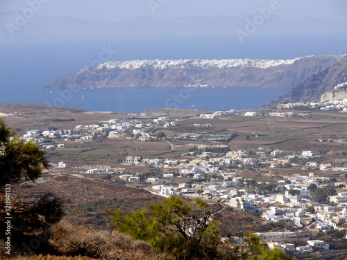 Panoramic view of Santorini island from the top of Mesa Vouno Mountain.