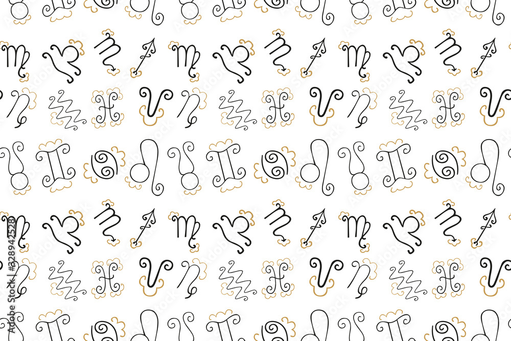 Symbols seamless pattern of 12 zodiac signs of black color with gold decorative curlicues on a white background. Hand drawing. Fabric, textile, covers, yoga mats, wrapping paper, scrapbooking. Vector. Symbols seamless pattern of 12 zodiac signs of black color with gold decorative curlicues on a white background. Hand drawing. Fabric, textile, covers, yoga mats, wrapping paper, scrapbooking. Vector.