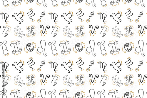 Symbols seamless pattern of 12 zodiac signs of black color with gold decorative curlicues on a white background. Hand drawing. Fabric  textile  covers  yoga mats  wrapping paper  scrapbooking. Vector.