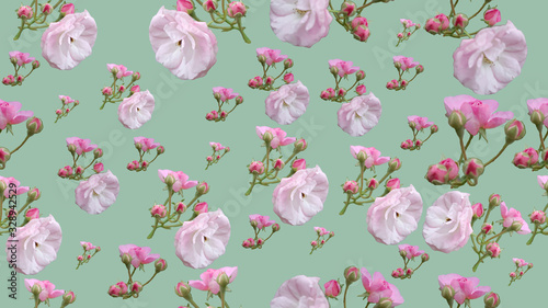 Cute Floral seamless pattern in the small flower. Rose flower. Motifs scattered random. Elegant template for fashion prints. Printing with very small pink flowers. greenish background.