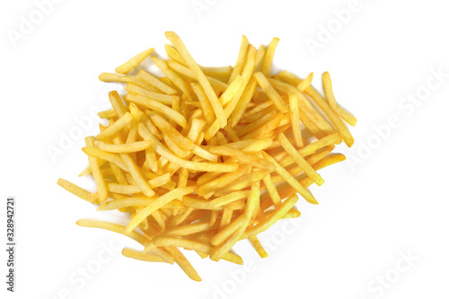 Pile of french fries isolated on a white background. View from above. Unhealthy food.