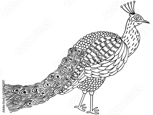 Hand-drawn black and white peacock in meditative zen art and boho style. For tattoo, coloring book, print for t-shirt, poster, decor. Vector.