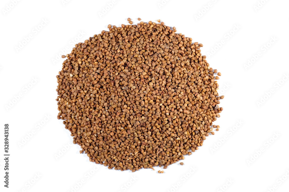 Heap of buckwheat isolated on white. Top view, Agriculture. Heap of buckwheat isolated on white. Top view, Agriculture.