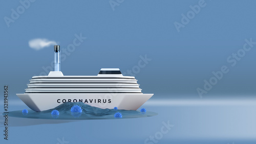 Illustration for news with people infected with coronavirus on cruise liners. 3D render of a ship with sick passengers coronavirus from China - 2019-nCoV or COVID-19. Poster