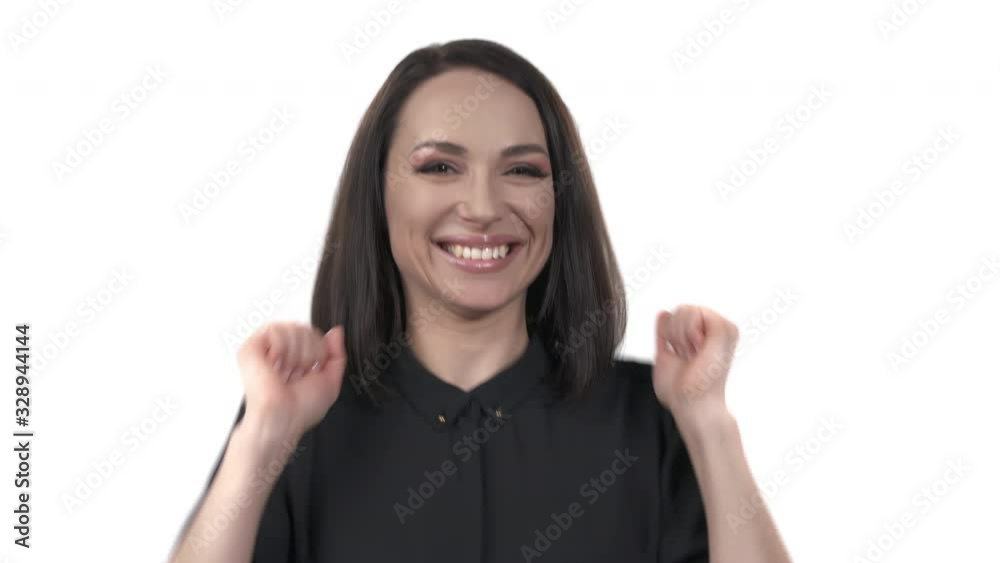 Close-up of a cheerful sincere woman demonstrating real happiness. True emotions concept. Isolated on white background Close-up of a cheerful sincere woman demonstrating real happiness. True emotions concept. Isolated on white background