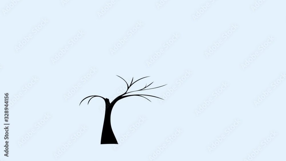 Self drawing animation of tree with green leaves. Nature and summer concept. Light blue background. Copy space