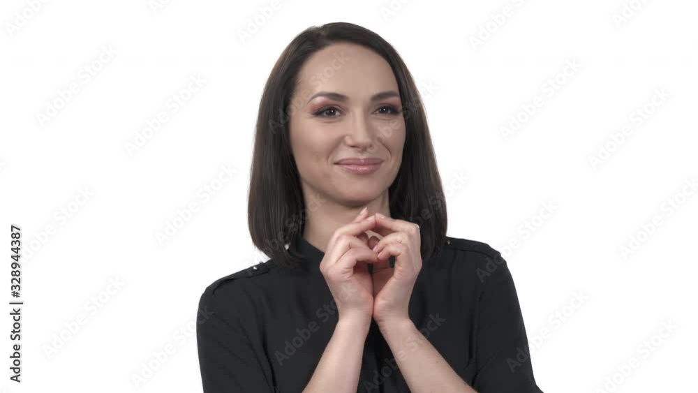 Cunning woman rubbing palms and moving eyebrows up and down. Isolated, on white background Cunning woman rubbing palms and moving eyebrows up and down. Isolated, on white background