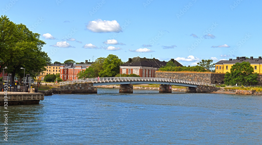 Suomenlinna (Sveaborg) fortress. Constructing began in 1748. Wooden bridge across narrow strait between islands Iso Mustasaari and Susisaari. Summer