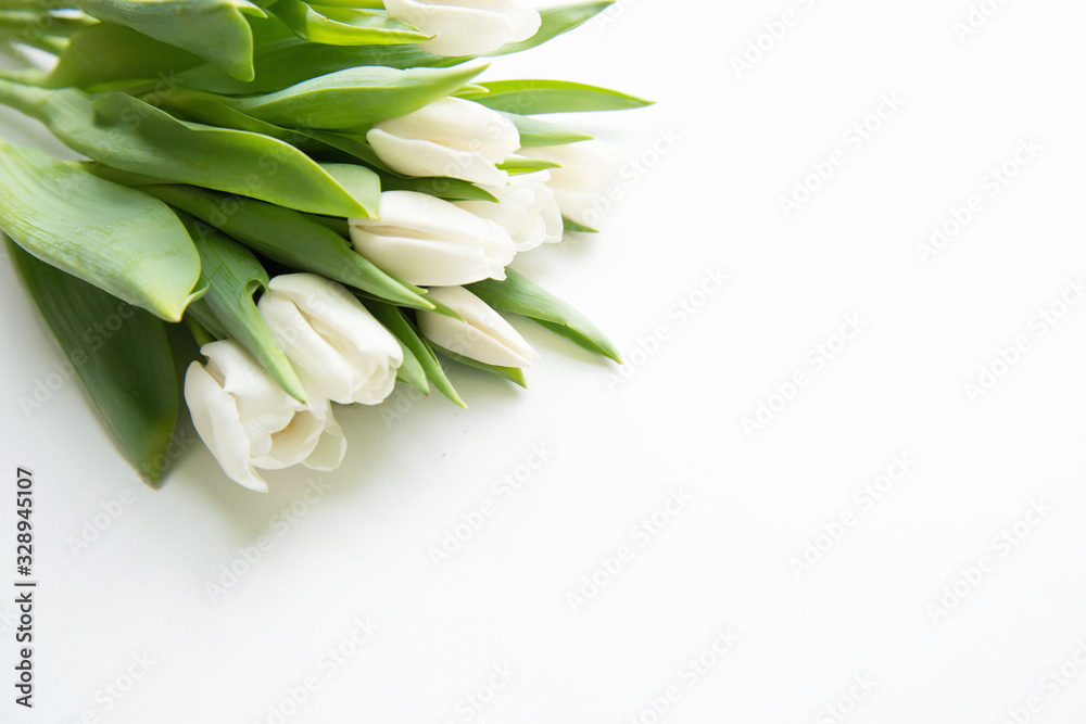 Fototapeta premium Bouquet of flowers. White Tulip on white background. Beautiful flowers for valentines and wedding scene. Valentines and 8 March Mother Women's Day concept.