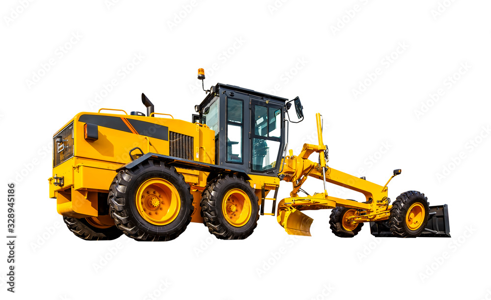 Modern three-axle road grader isolated on a white background