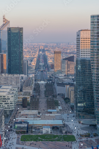 Paris, France - 03 21 2020: Panoramic view of the Defense towers district at sunset