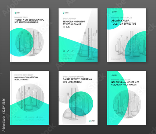Pharmaceutical brochure cover design layout set with flasks vector illustration. Good for medical annual report, laboratory catalog design, medicine cover page.