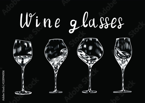 Wine,champagne glasses , chalk vector isolated on black background . Concept for menu, cards, logo , invitation 