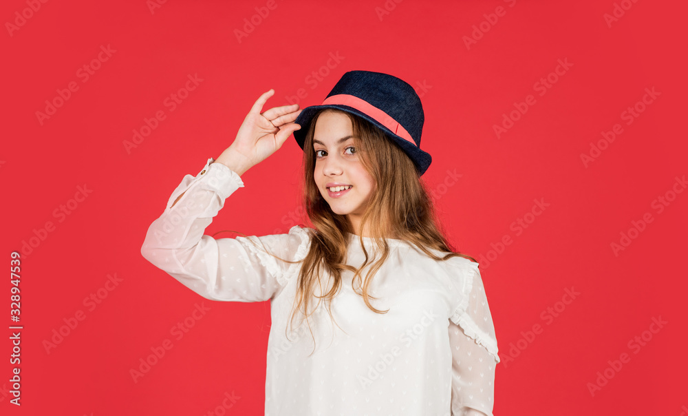 Feeling fancy. Summer accessory collection. Child long hair wear hat. Accessories shop. Outfit inspiration. Individual style. Girl wear hat red background. Happy kid in hat. Fashion accessory Feeling fancy. Summer accessory collection. Child long hair wear hat. Accessories shop. Outfit inspiration. Individual style. Girl wear hat red background. Happy kid in hat. Fashion accessory