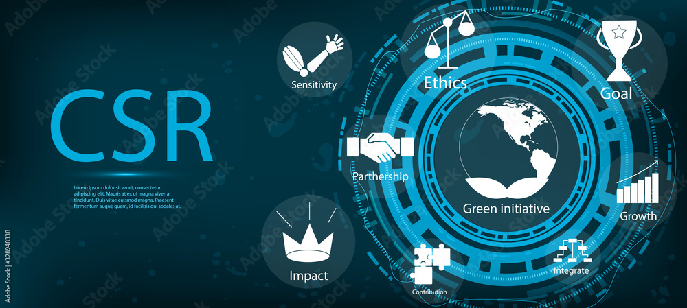 CSR Social Responsibility, web page banner template with icons and conceptual text. Responsibility and social life icons set. Abstract CSR background, vector illustration CSR Social Responsibility, web page banner template with icons and conceptual text. Responsibility and social life icons set. Abstract CSR background, vector illustration